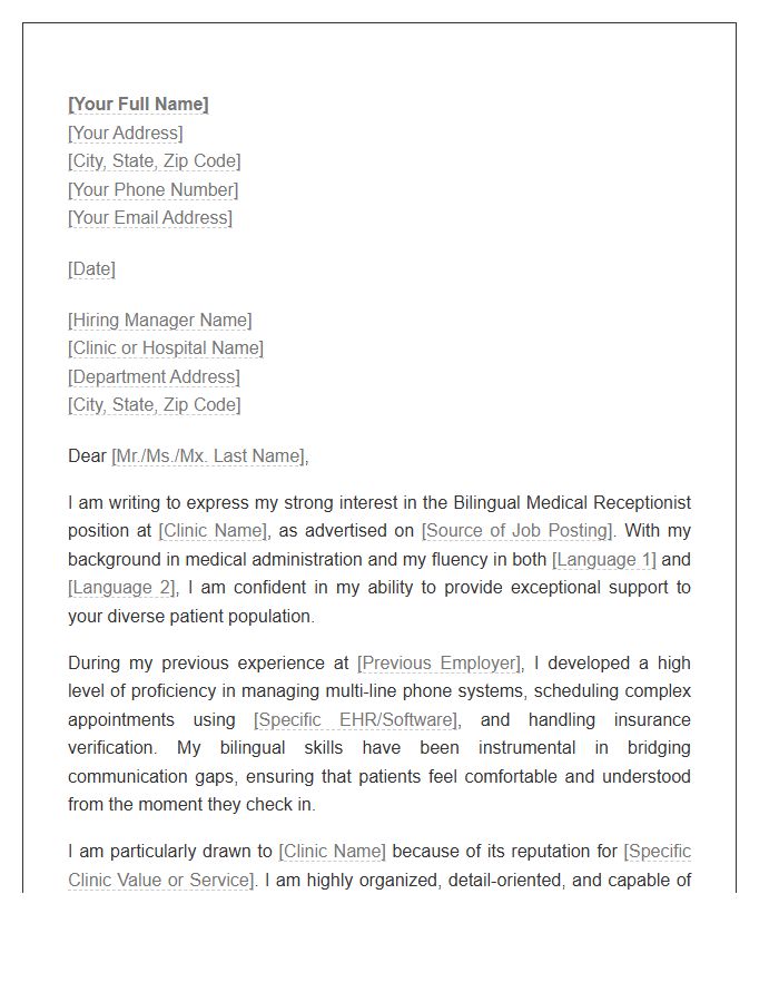 Bilingual Medical Receptionist Cover Letter Template