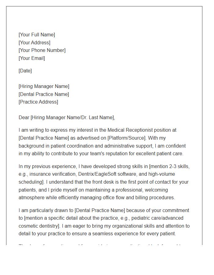 Dental Office Medical Receptionist Cover Letter Template