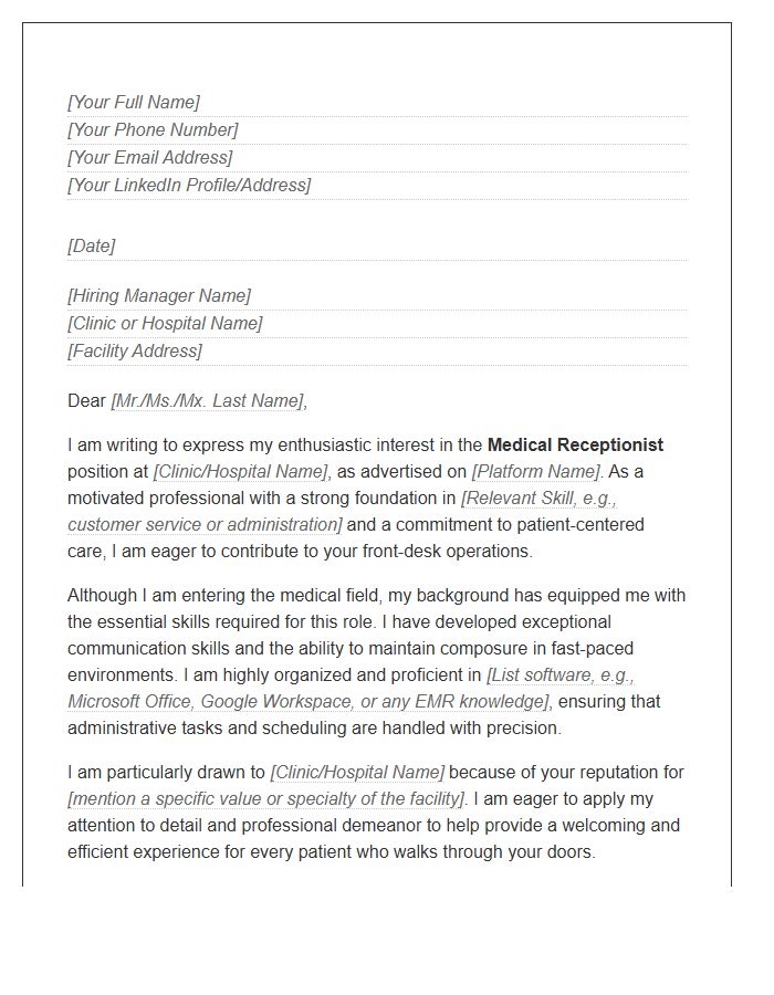 Entry Level Medical Receptionist Cover Letter Template