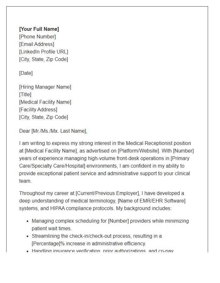 Experienced Medical Receptionist Cover Letter Template
