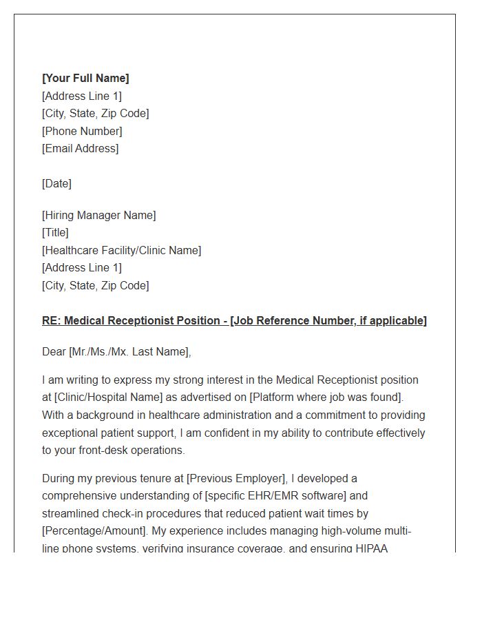 Healthcare Administration Medical Receptionist Cover Letter Template