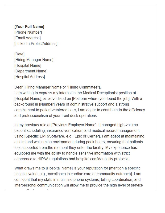 Hospital Front Desk Medical Receptionist Cover Letter Template