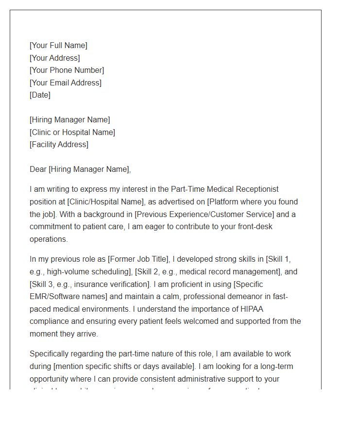 Part Time Medical Receptionist Cover Letter Template