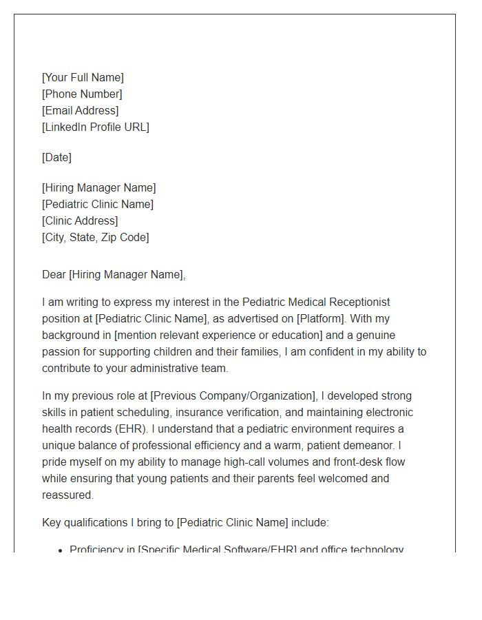 Pediatric Clinic Medical Receptionist Cover Letter Template