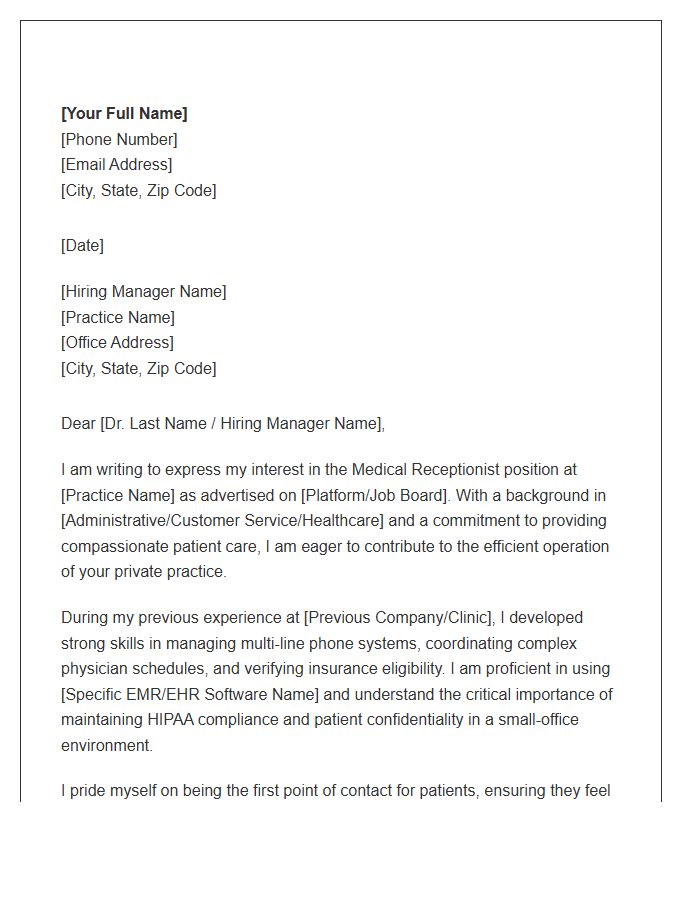 Private Practice Medical Receptionist Cover Letter Template