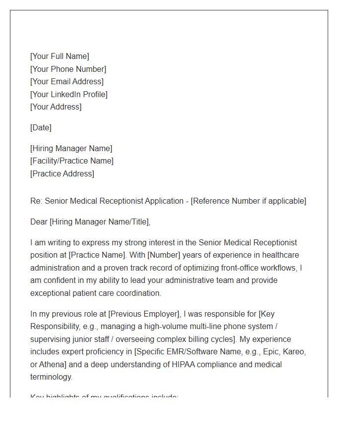 Senior Medical Receptionist Cover Letter Template