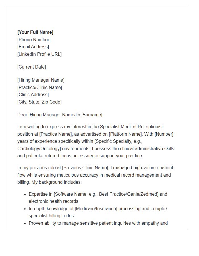 Specialist Medical Receptionist Cover Letter Template