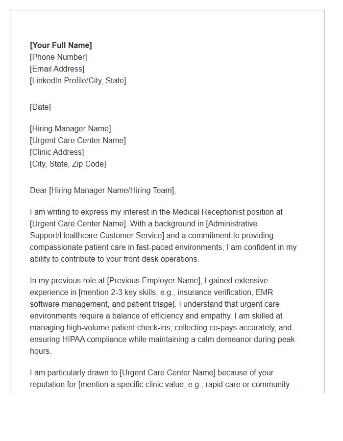 Urgent Care Center Medical Receptionist Cover Letter Template