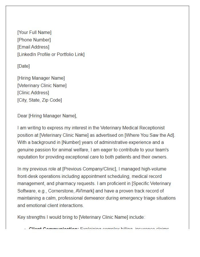 Veterinary Clinic Medical Receptionist Cover Letter Template