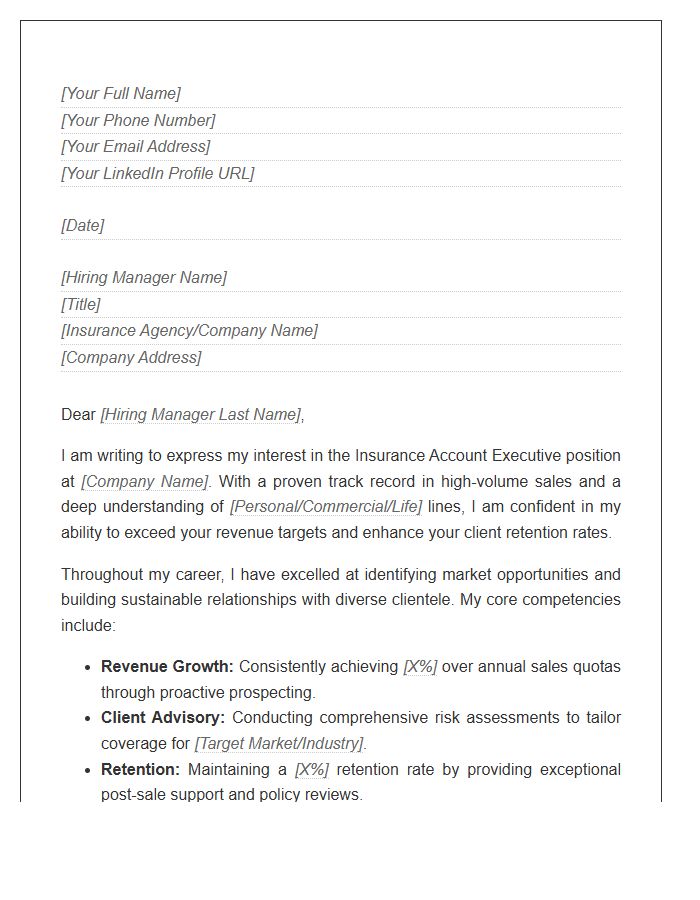 Insurance Account Executive Sales Cover Letter Template