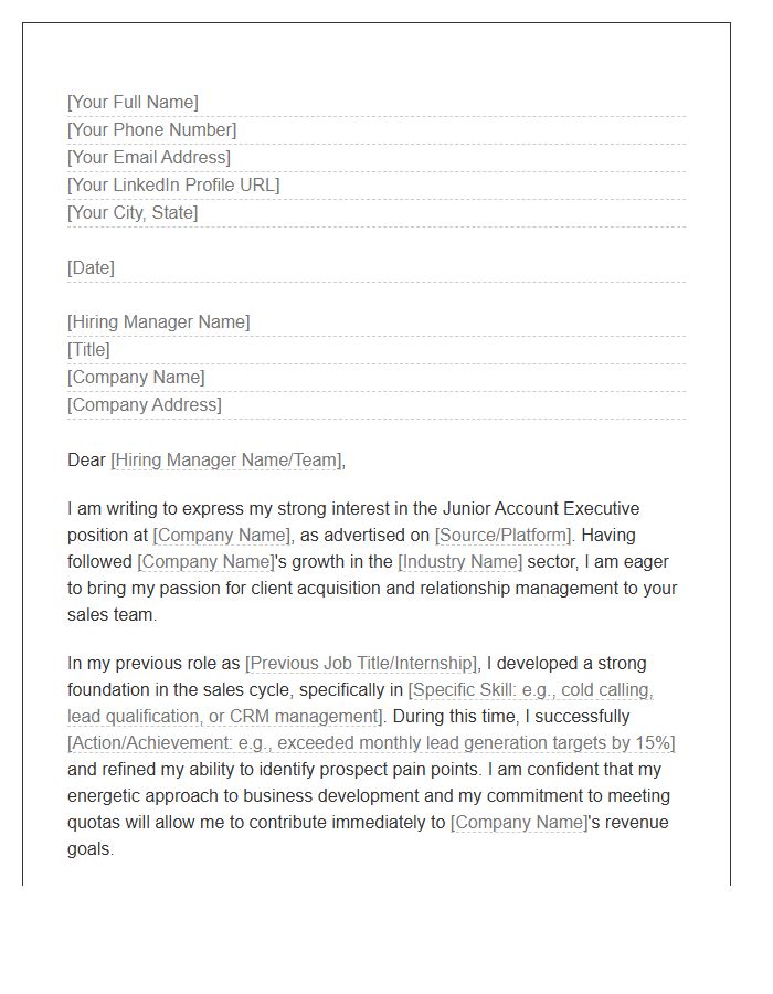 Junior Account Executive Sales Cover Letter Template