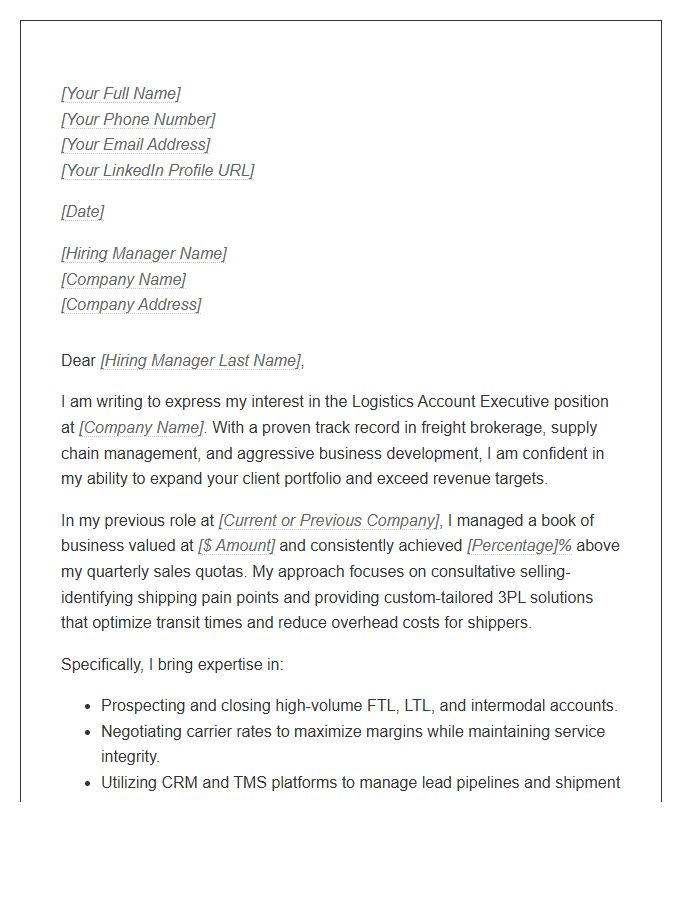 Logistics Account Executive Sales Cover Letter Template