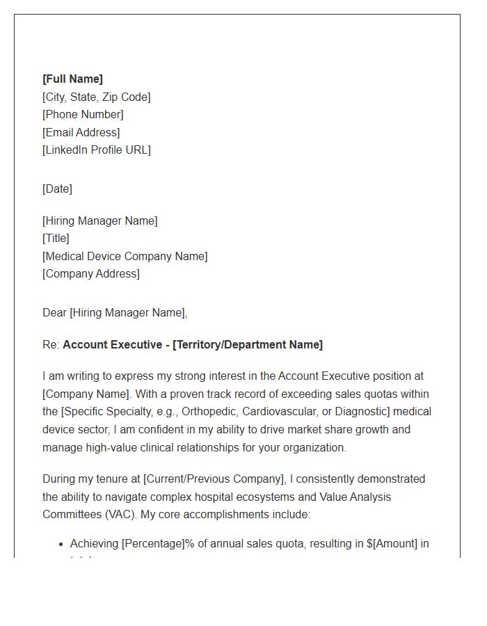 Medical Device Account Executive Sales Cover Letter Template
