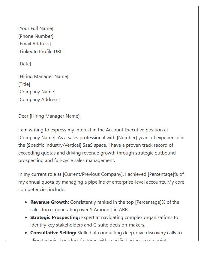 SaaS Account Executive Sales Cover Letter Template